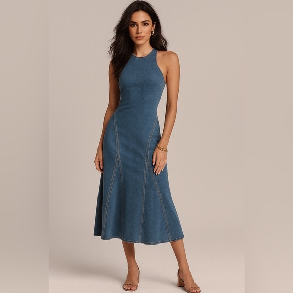 Future Collective Racerback Denim Midi A-Line Dress Medium Wash | 4 - Picture 3 of 16